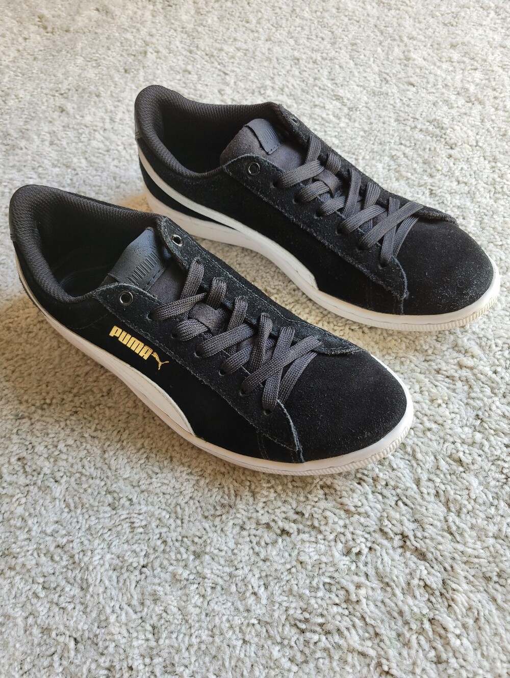 Puma Black Suede Sneakers with White Stripe and Gold Logo 7
